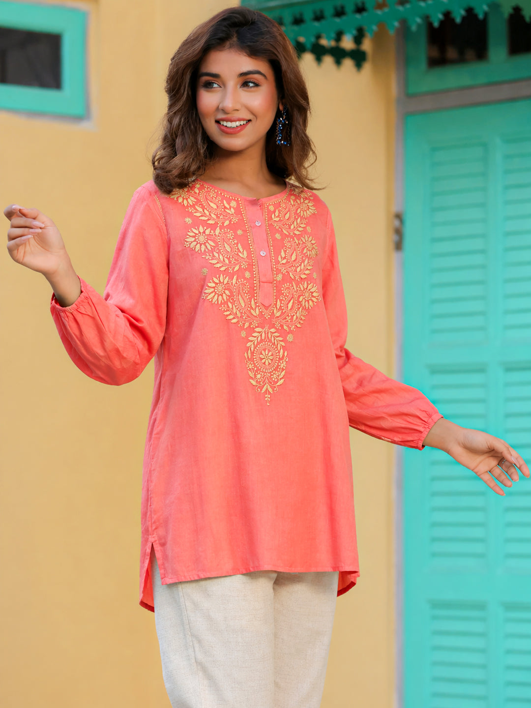 Straight fit chikankari kurti featuring detailed front embroidery, long sleeves, and soft fabric designed for effortless styling in modern ethnic fashion.