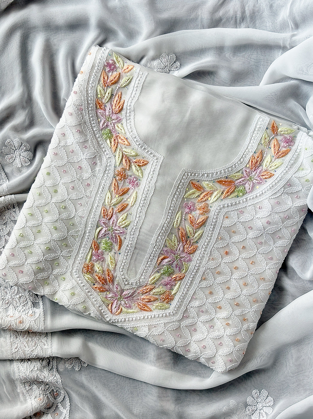 Anaisha Viscose Chikankari Un-stitched Kurti Piece with Dupatta - White Multi