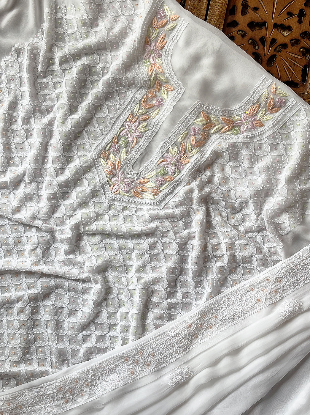 Anaisha Viscose Chikankari Un-stitched Kurti Piece with Dupatta - White Multi