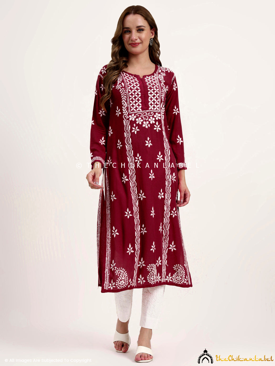 Trending women kurta in rayon with authentic hand-embroidered chikankari floral motifs.