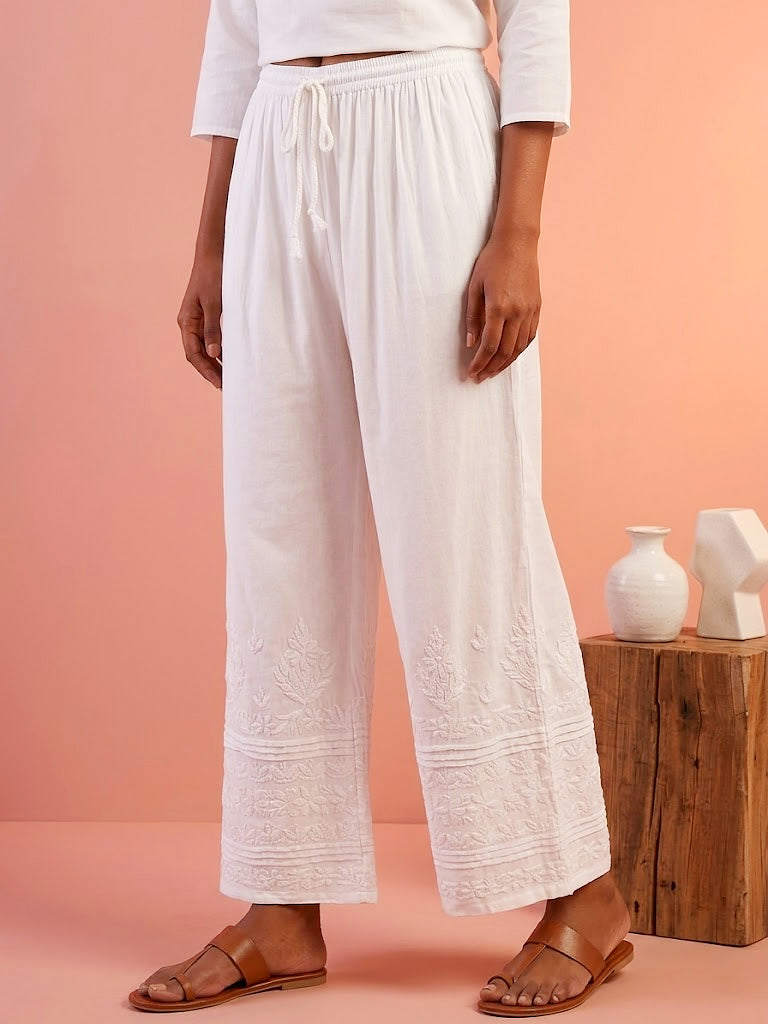 women’s chikankari palazzo in soft rayon fabric straight fit everyday wear bottom with detailed embroidery