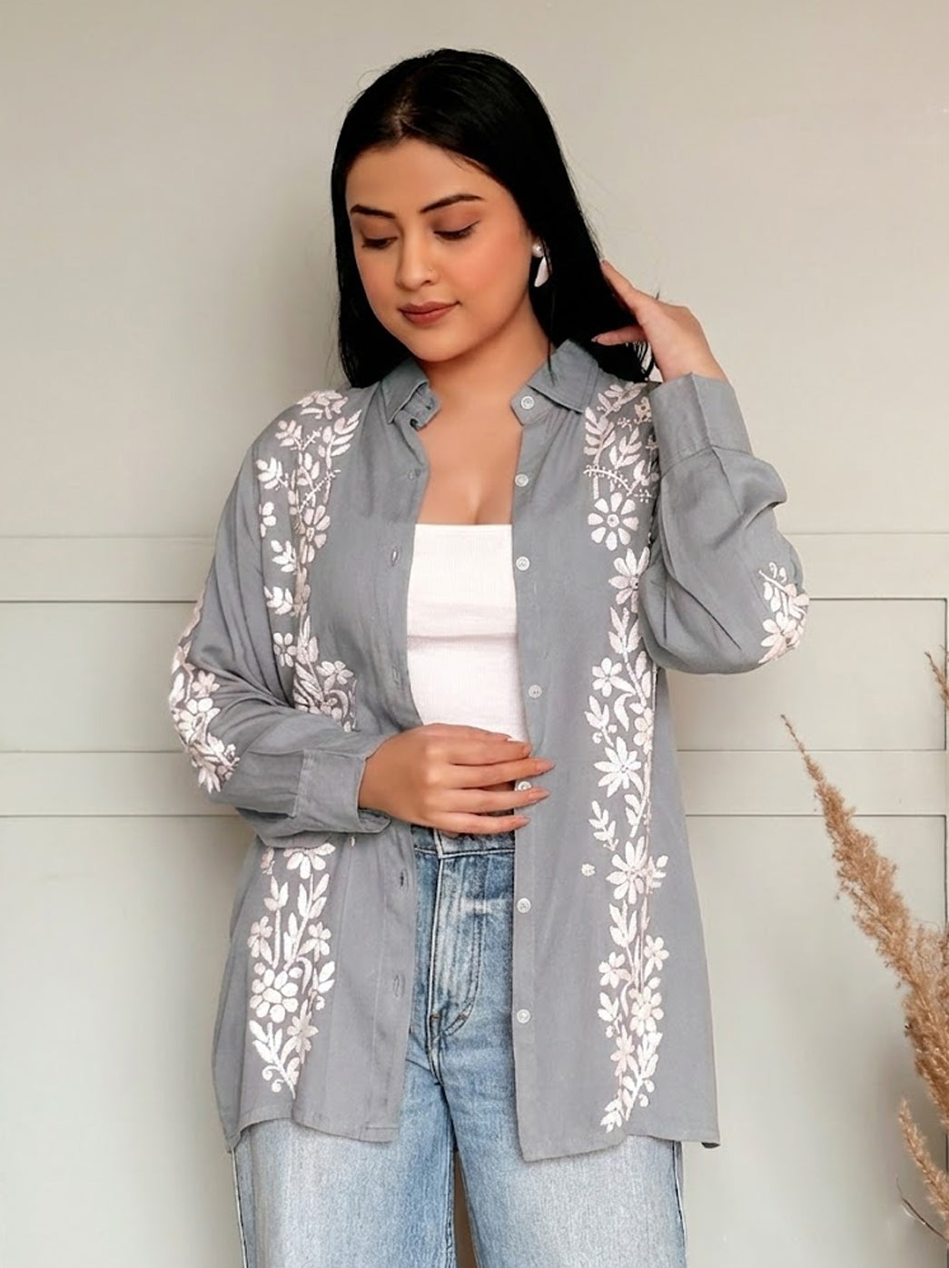 Anvika Rayon Chikankari Shirt - Grey