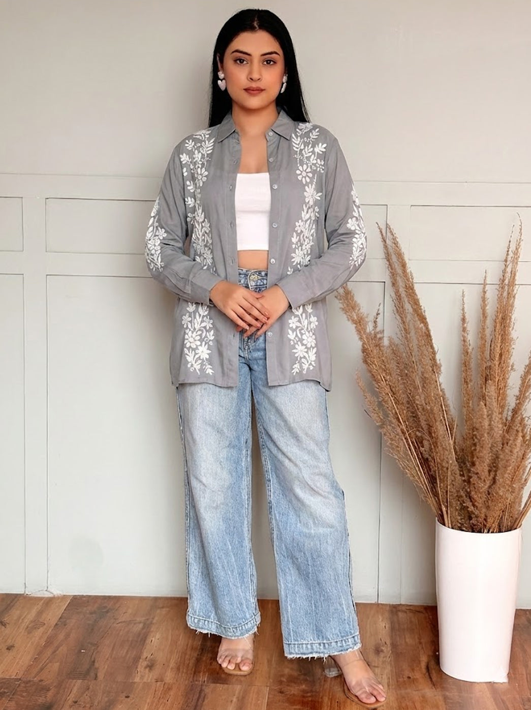 Anvika Rayon Chikankari Shirt - Grey