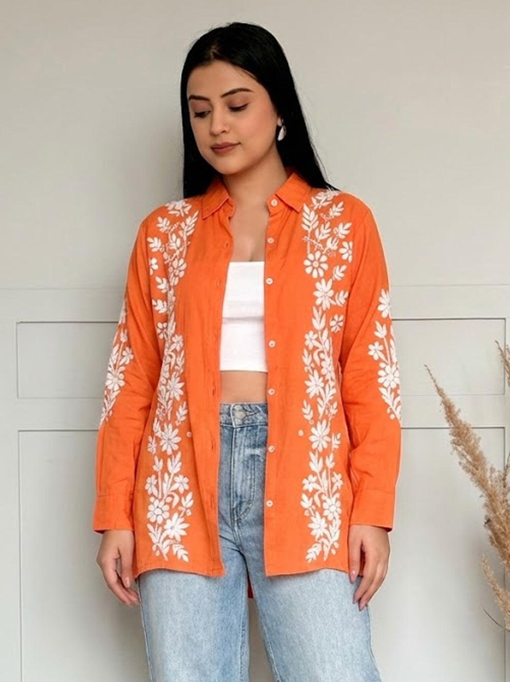 Anvika Rayon Chikankari Shirt - Orange