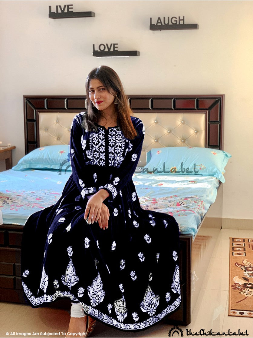 Navy Blue Modal Chikankari Anarkali ,Chikankari Anarkali in Modal Fabric For Woman
