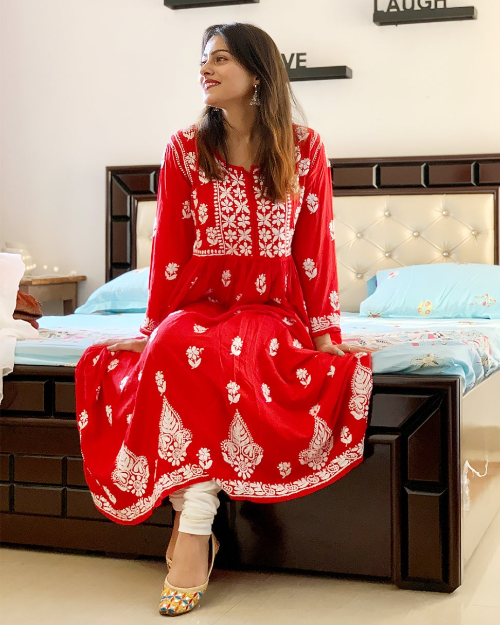 Aparna_Dixit_in_Red_Chikankari_Anarkali