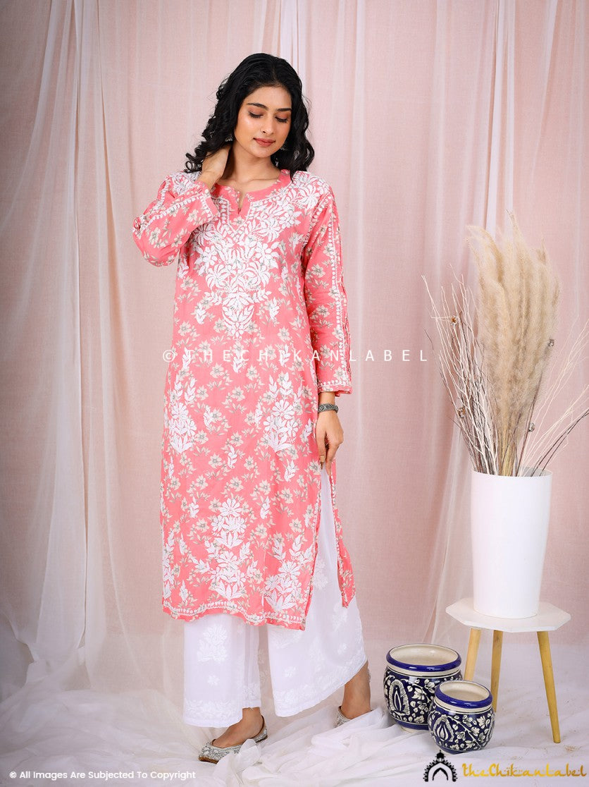 Peach Aniya Chanderi Chikankari Straight Kurti , Chikankari Straight Kurti in Chanderi Fabric For Woman