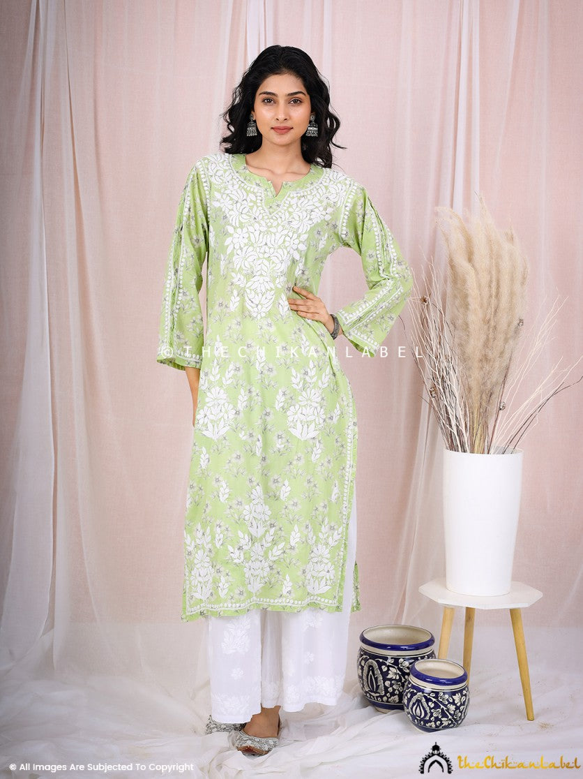 Green Arisha Mulmul Chikankari Printed Straight Kurti ,Chikankari Printed Straight Kurti in Mulmul Fabric For woman