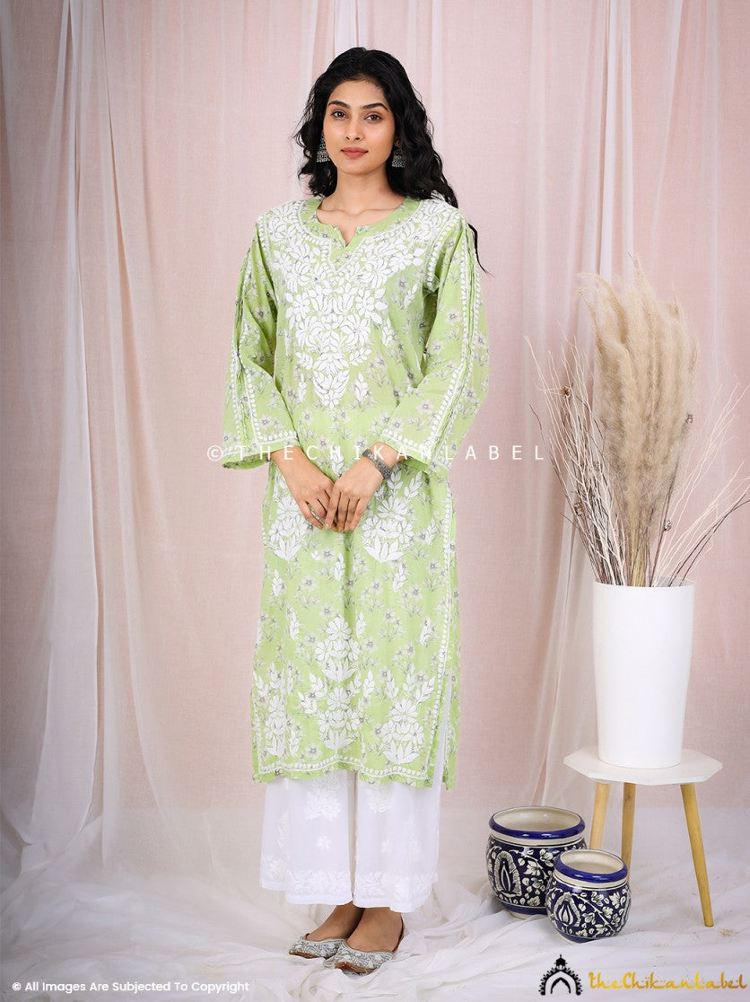 Green Arisha Mulmul Chikankari Printed Straight Kurti ,Chikankari Printed Straight Kurti in Mulmul Fabric For woman