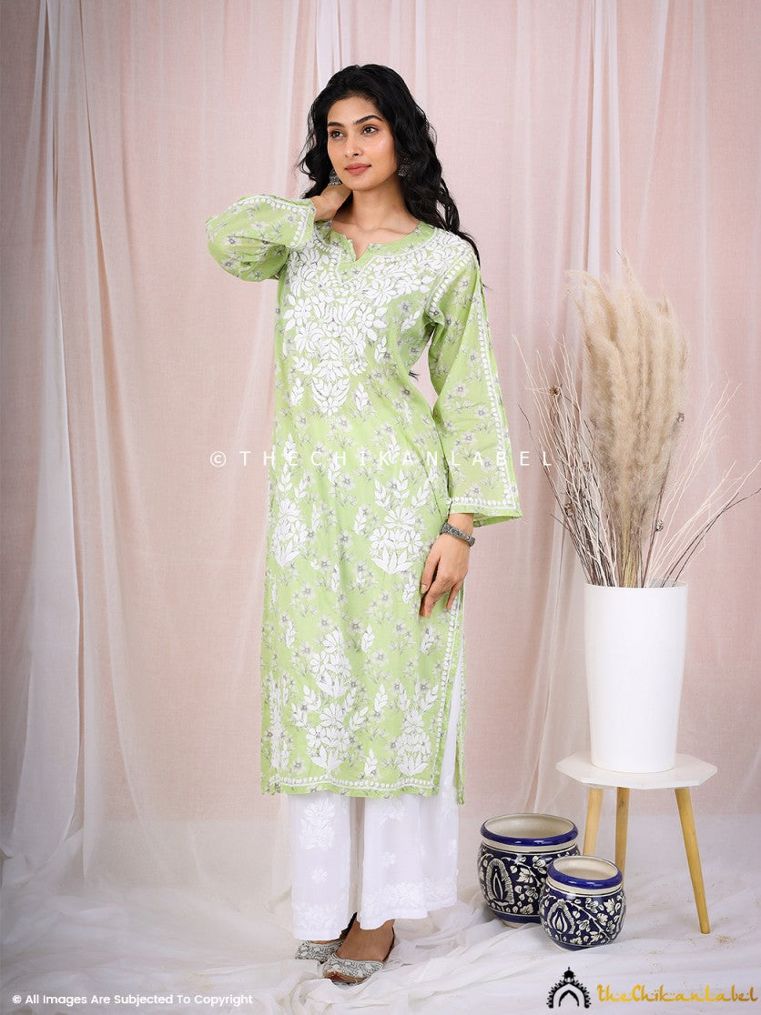 Green Arisha Mulmul Chikankari Printed Straight Kurti