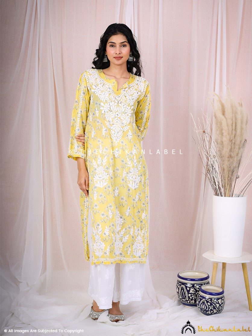 Yellow Arisha Mulmul Chikankari Printed Straight Kurti ,Chikankari Printed Straight Kurti in Mulmul Fabric For Woman