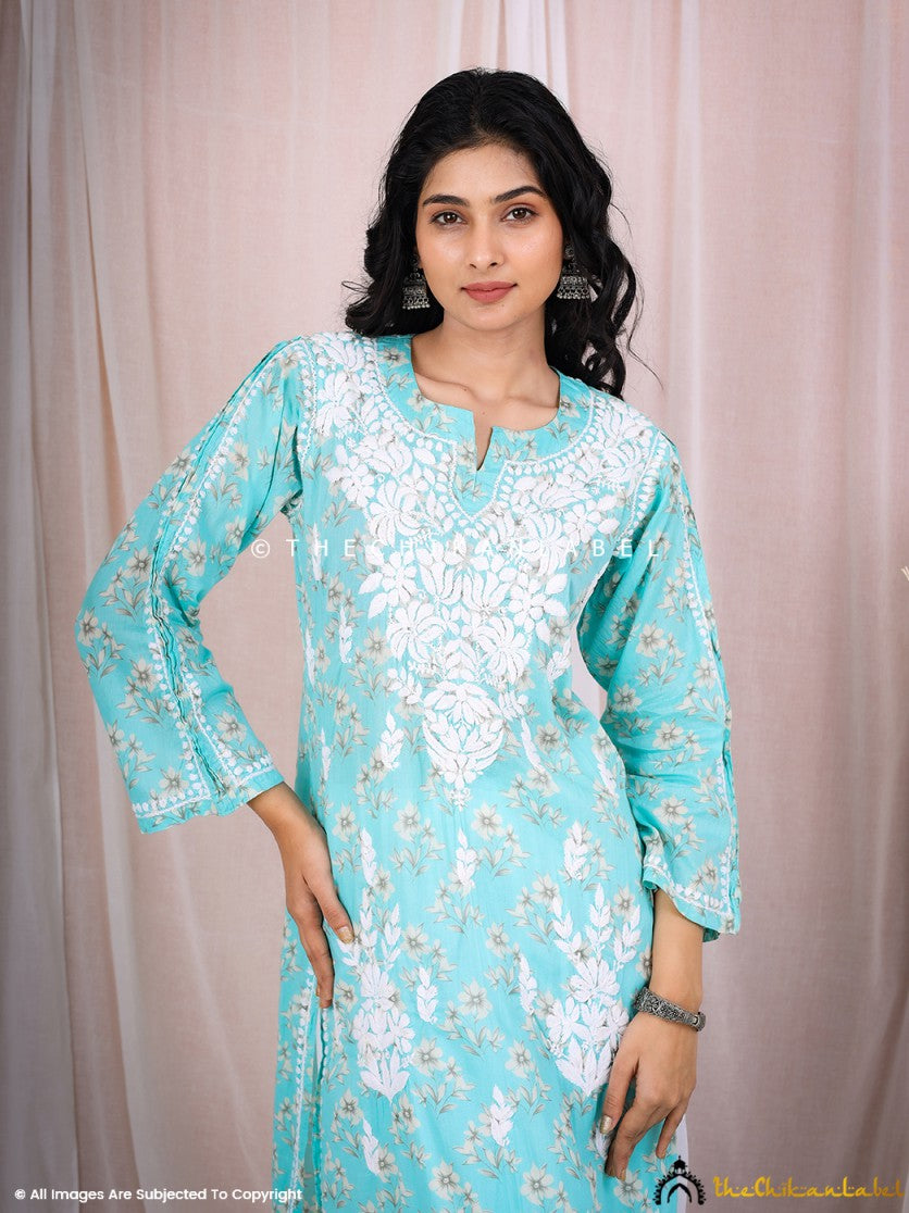 Blue Arisha Mulmul Chikankari Printed Straight Kurti ,Chikankari Printed Straight Kurti in Mulmul Fabric For Woman