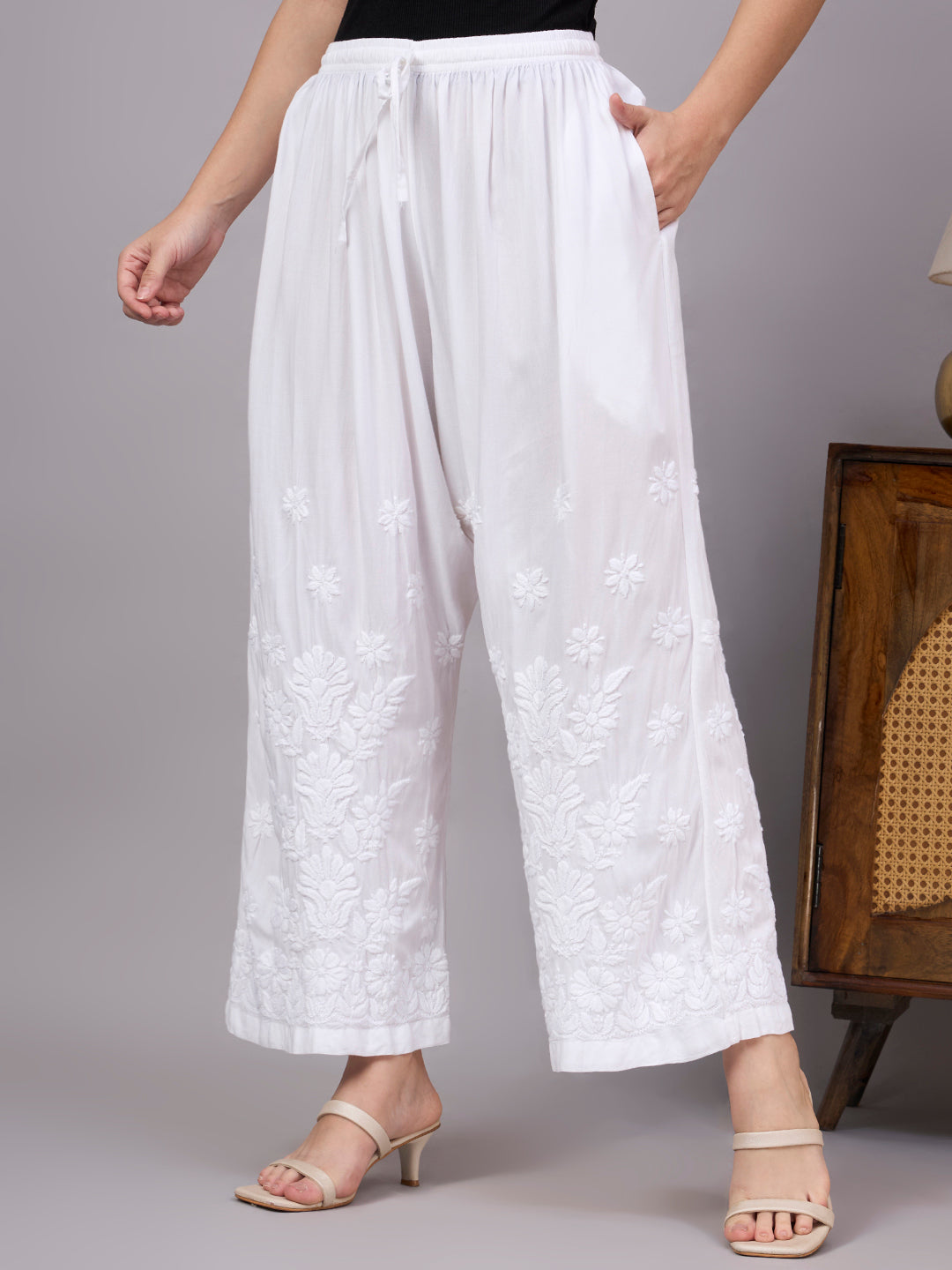 Rayon Straight Palazzo designed with lightweight fabric, easy movement, and timeless Lucknowi embroidery craftsmanship