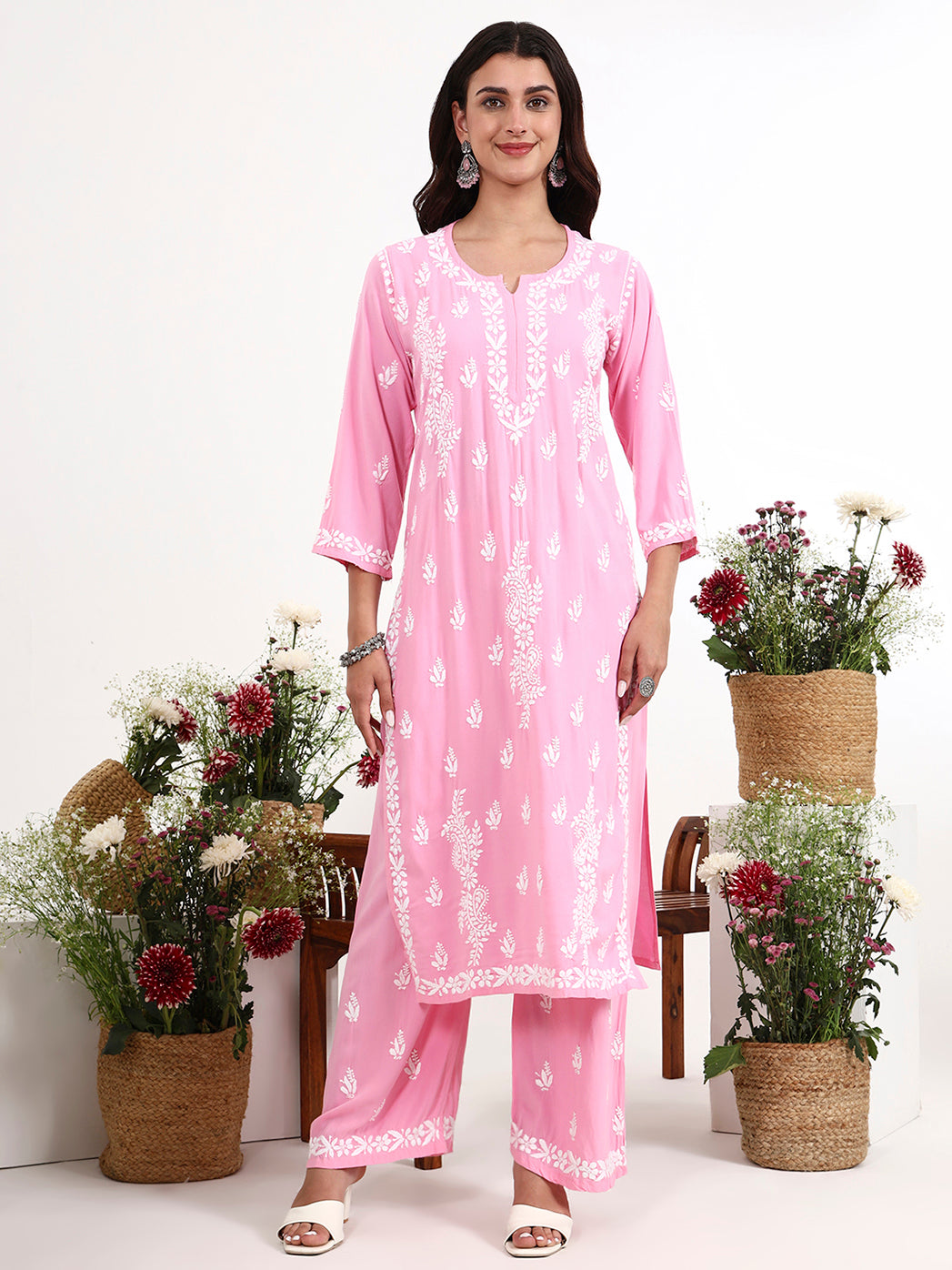 Arushi Rayon Chikankari Kurti Palazzo Set with handcrafted embroidery for women ethnic wear
