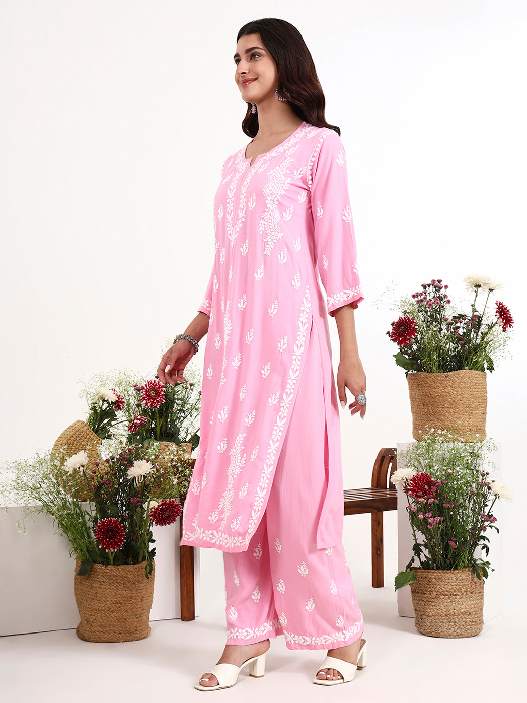 Comfortable all day wear set with chikankari embroidery kurti and straight palazzo pants