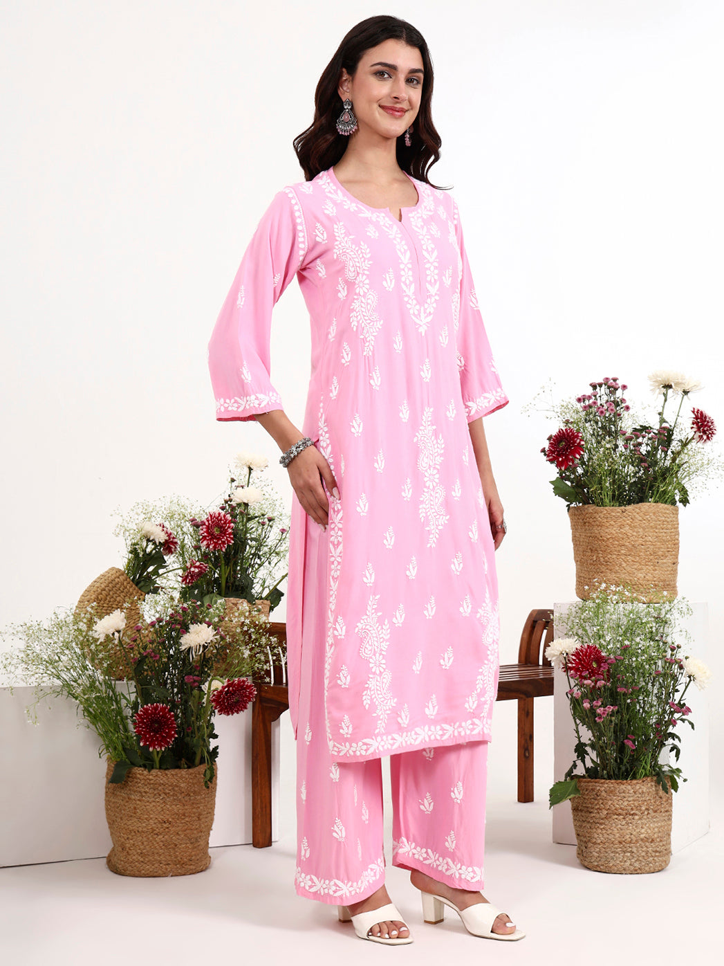 Elegant women ethnic wear chikankari kurta set with detailed hand embroidery work