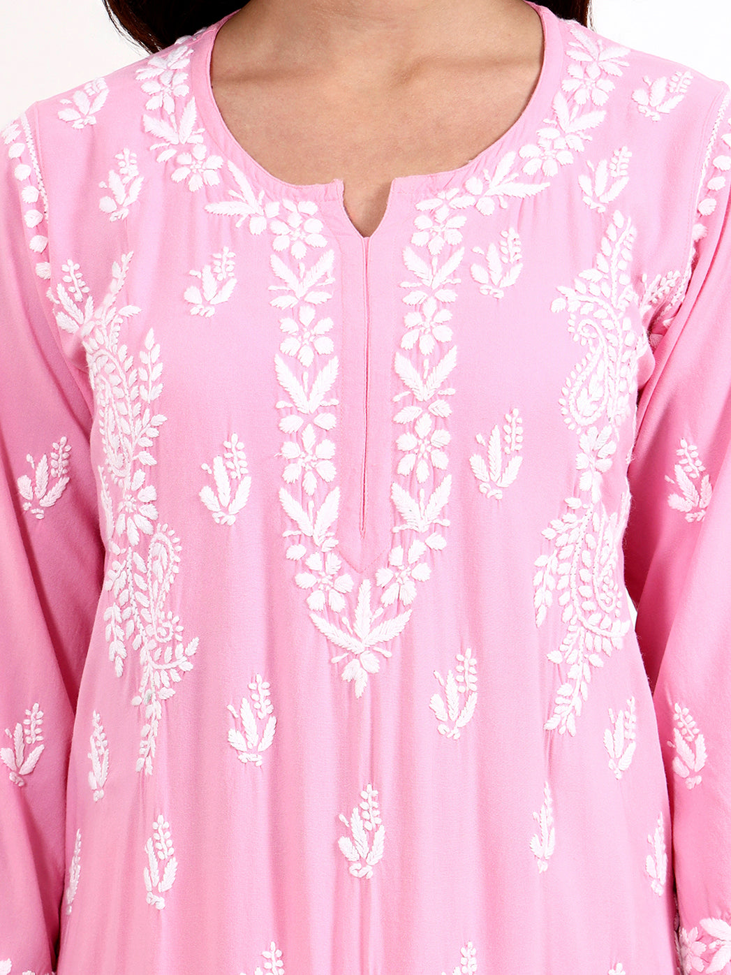 Women wearing Arushi Rayon Chikankari Kurti Palazzo Set with traditional Lucknowi embroidery design