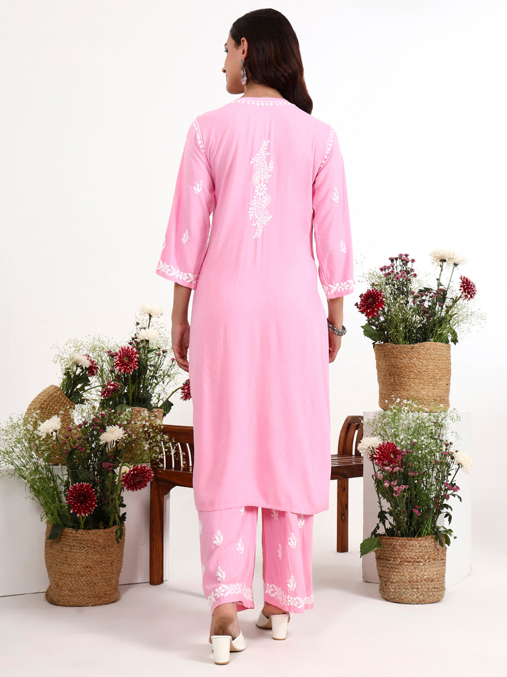 Trending kurta set featuring rayon chikankari kurti with matching palazzo for daily wear