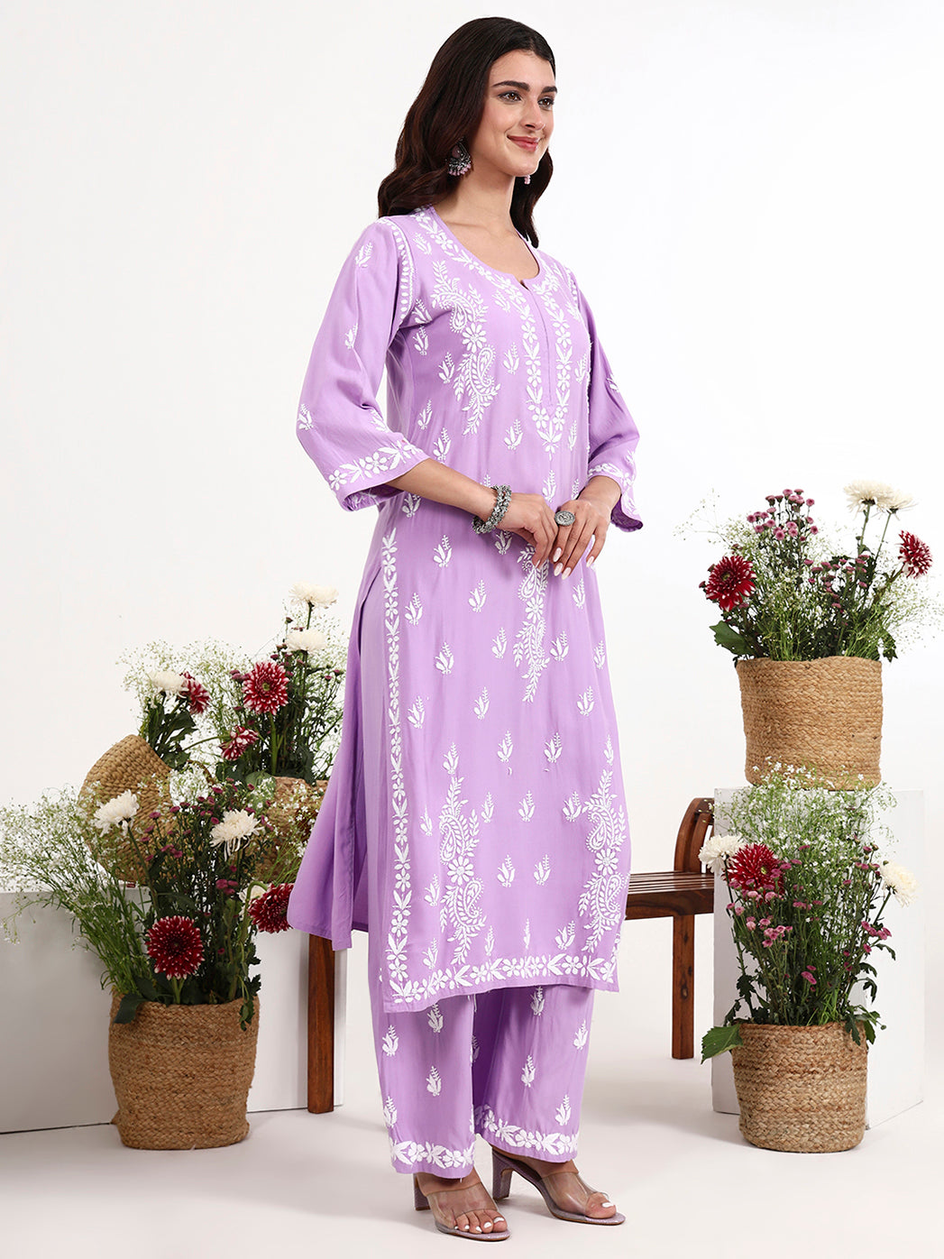 Modern chikankari kurti palazzo set designed for casual outings and office wear