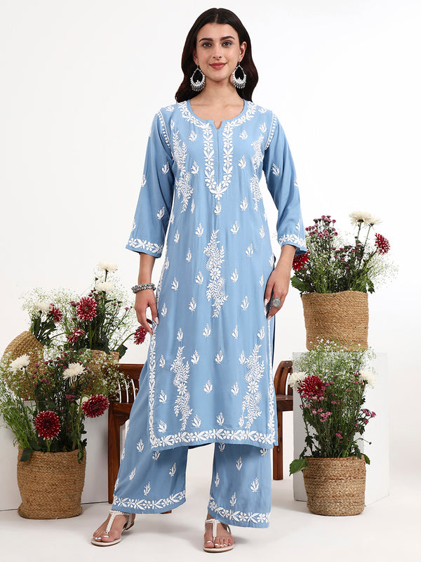 Premium handcrafted chikankari kurti palazzo set with soft rayon fabric for all day comfort