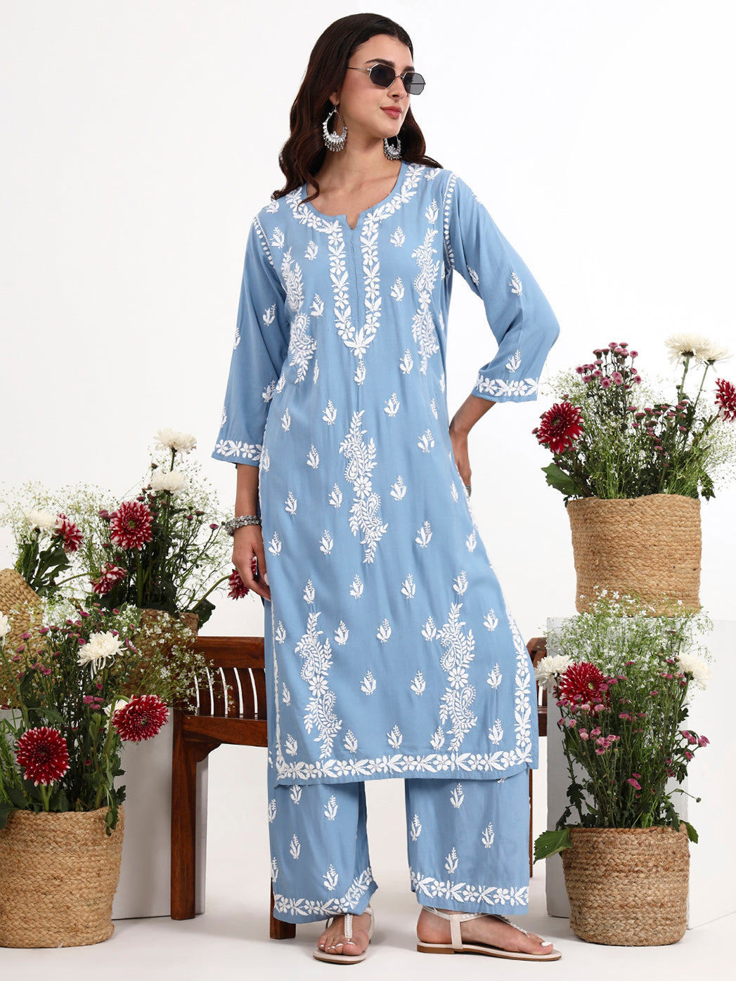 Women ethnic wear chikankari kurti set with fine embroidery and easy to wear palazzo bottoms