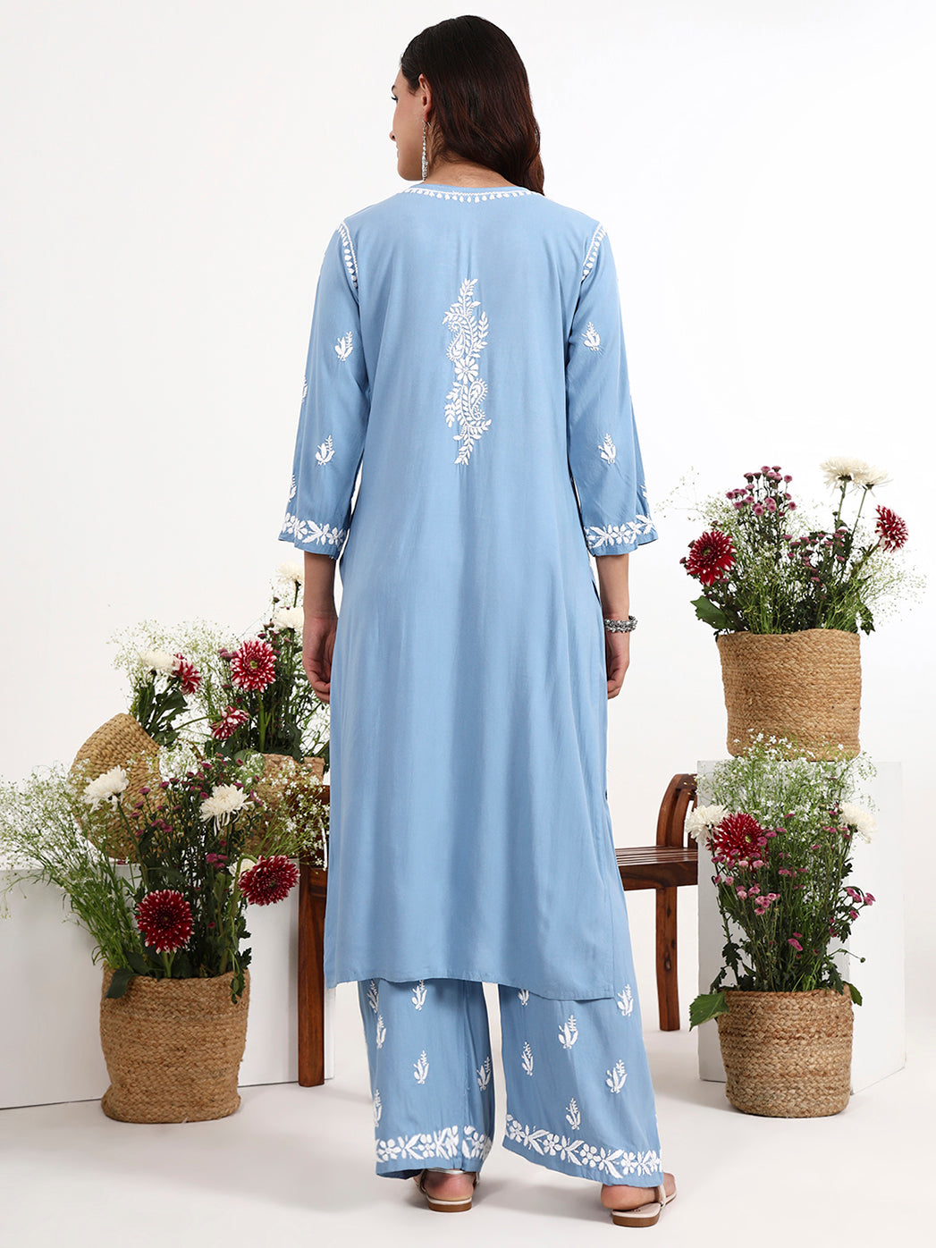 Comfortable rayon kurti palazzo set with authentic chikankari work for versatile styling