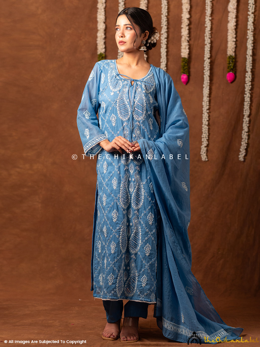 Arzoo Mul Chanderi Chikankari Kurta Set with Dupatta - Blue
