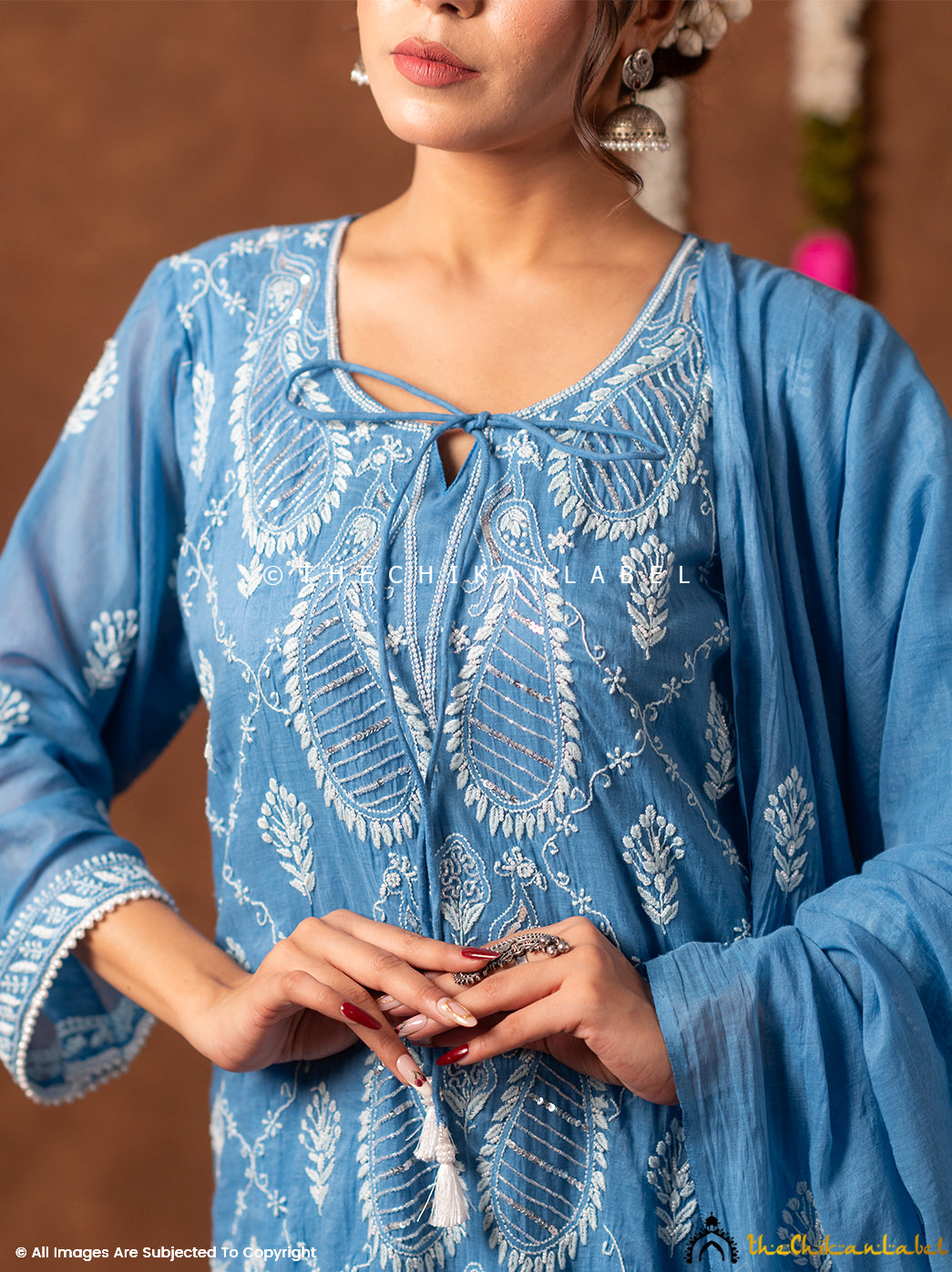 Arzoo Mul Chanderi Chikankari Kurta Set with Dupatta - Blue