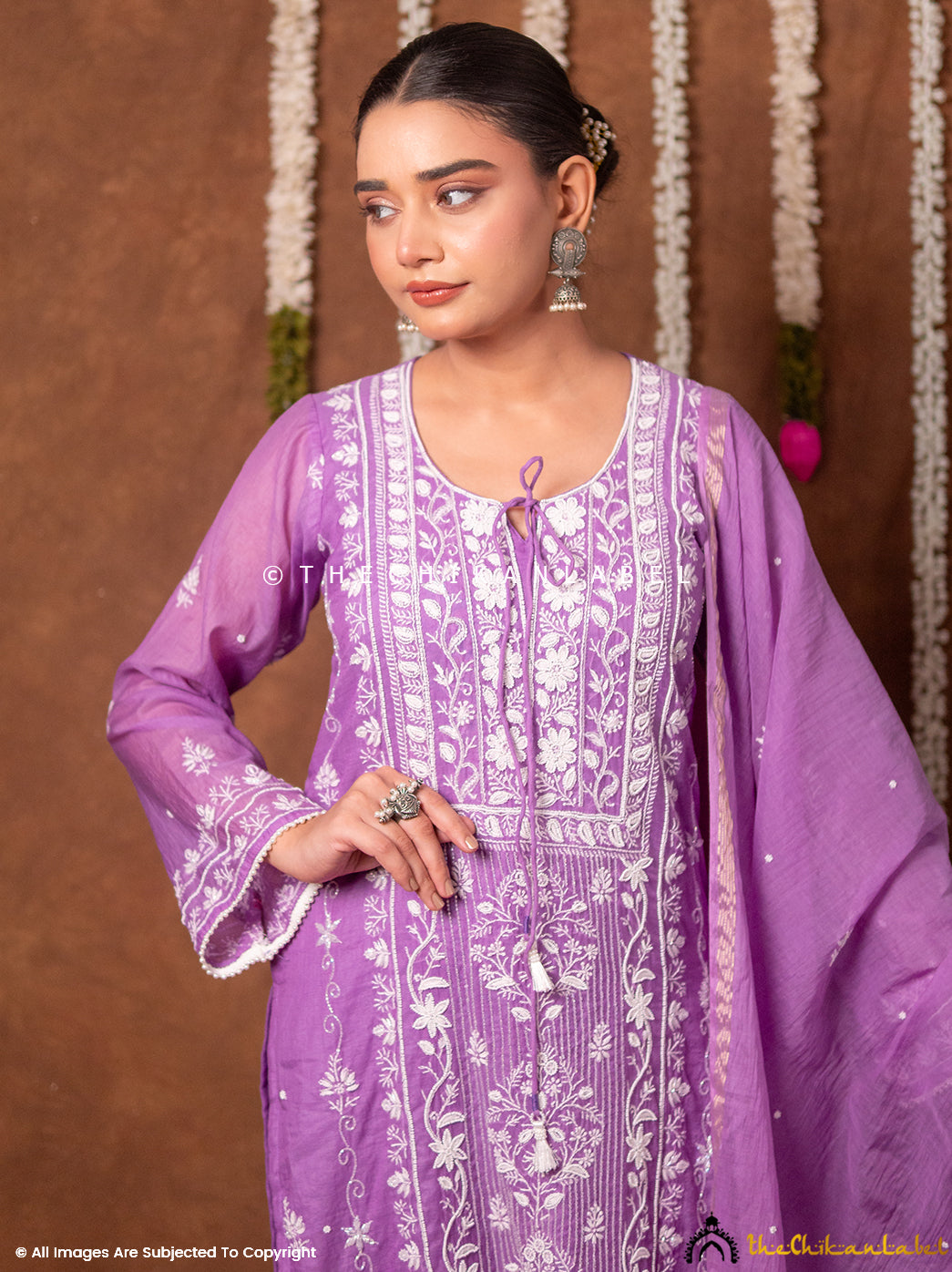 Arzoo Mul Chanderi Chikankari Kurta Set with Dupatta - Lilac