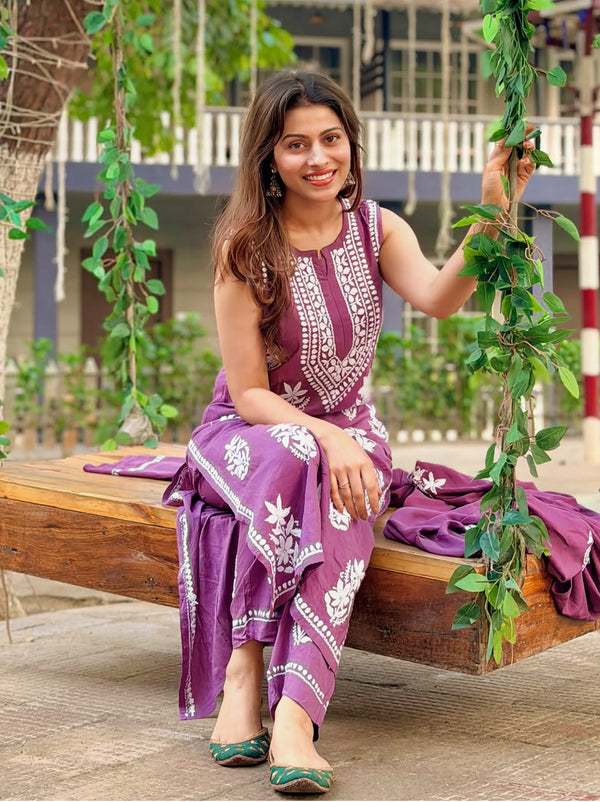 Ashvi Modal Chikankari Sleeveless Kurta Set with Dupatta - Mauve