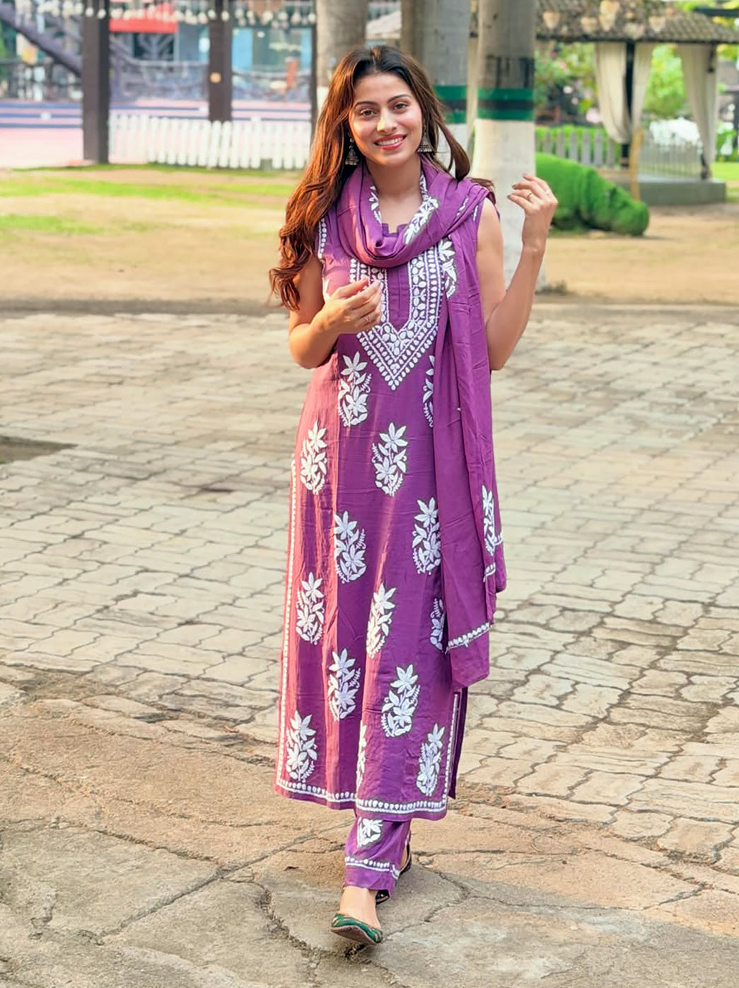 Ashvi Modal Chikankari Sleeveless Kurta Set with Dupatta - Mauve