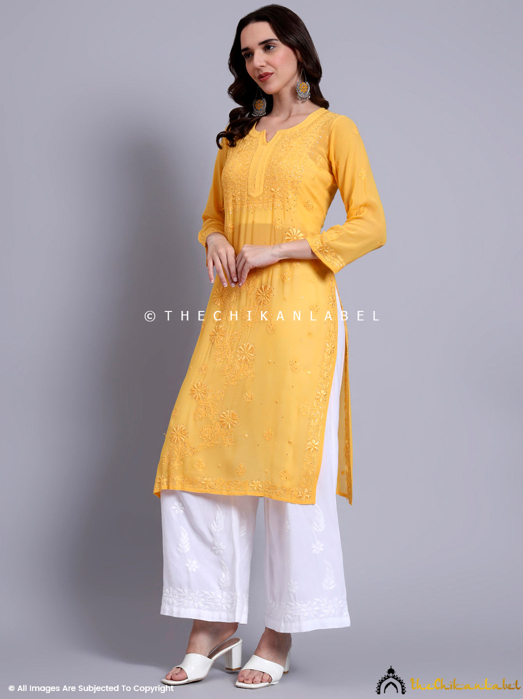Ethnic straight kurti with rich handcrafted embroidery and delicate mukaish highlights for festive wear.

