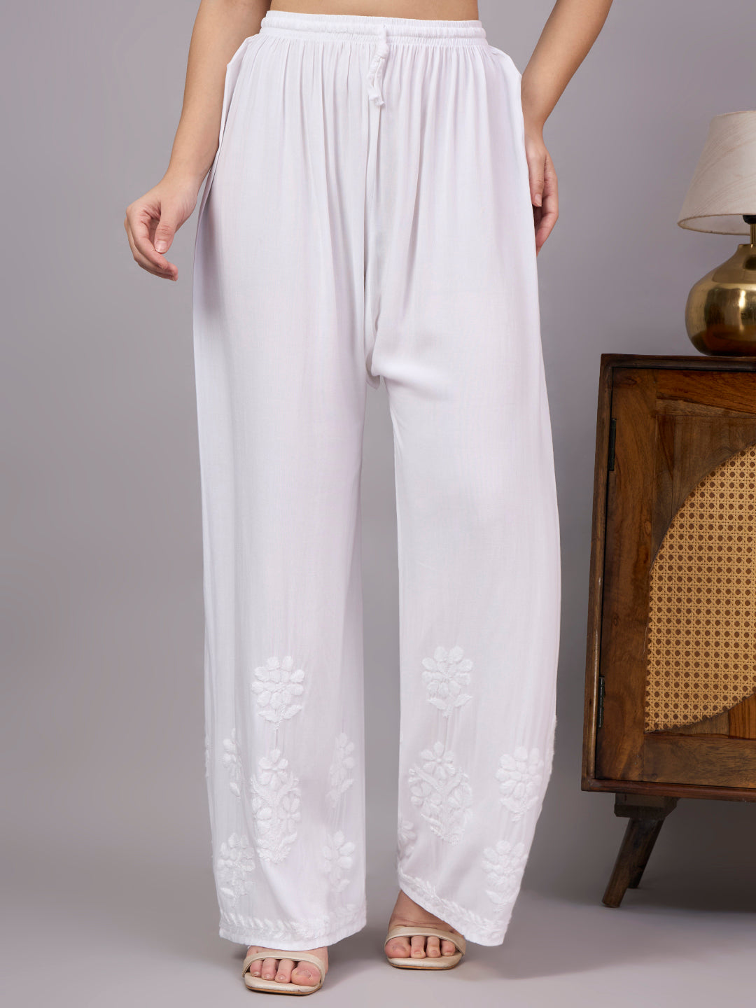 Ayzel Rayon Straight Palazzo featuring authentic Lucknowi Chikankari embroidery with a comfortable relaxed fit for everyday ethnic styling