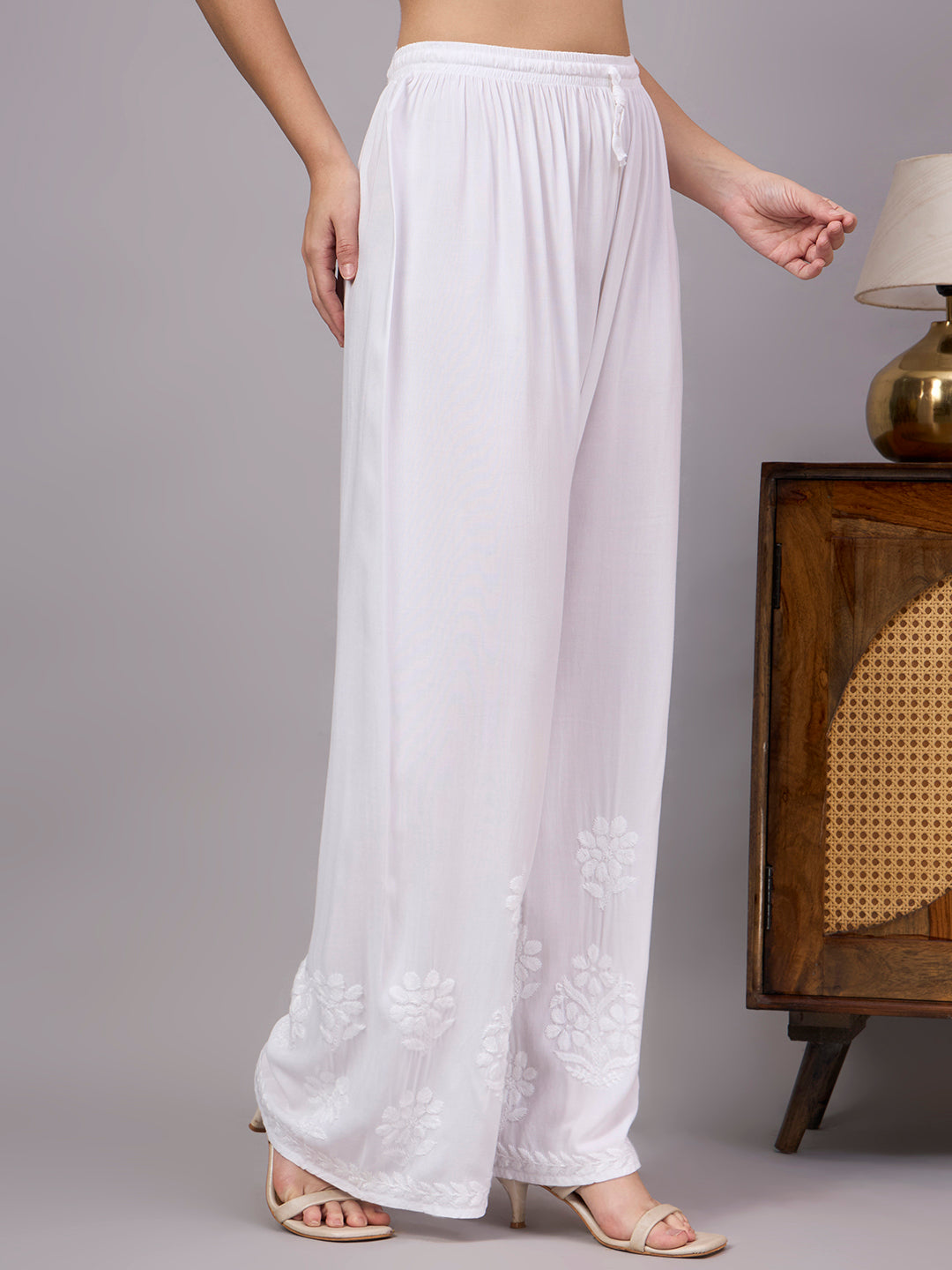 Women’s comfortable regular wear bottom designed with straight fit pattern and traditional handcrafted Chikankari artwork
