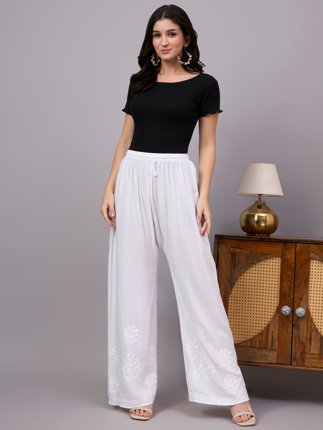 Premium Chikankari Palazzo crafted in soft rayon fabric with handcrafted embroidery details and elegant traditional design for women