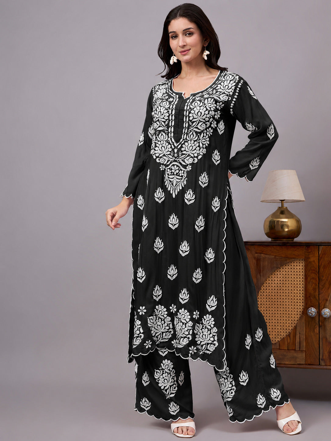 Najat Modal Chikankari Kurti Palazzo Set - Black