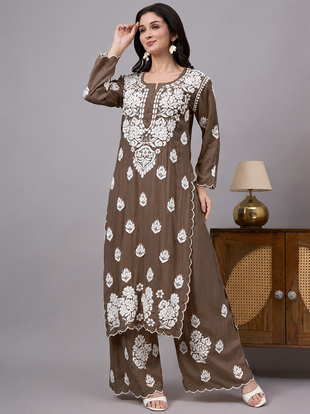 Najat Modal Chikankari Kurti Palazzo Set - Brown