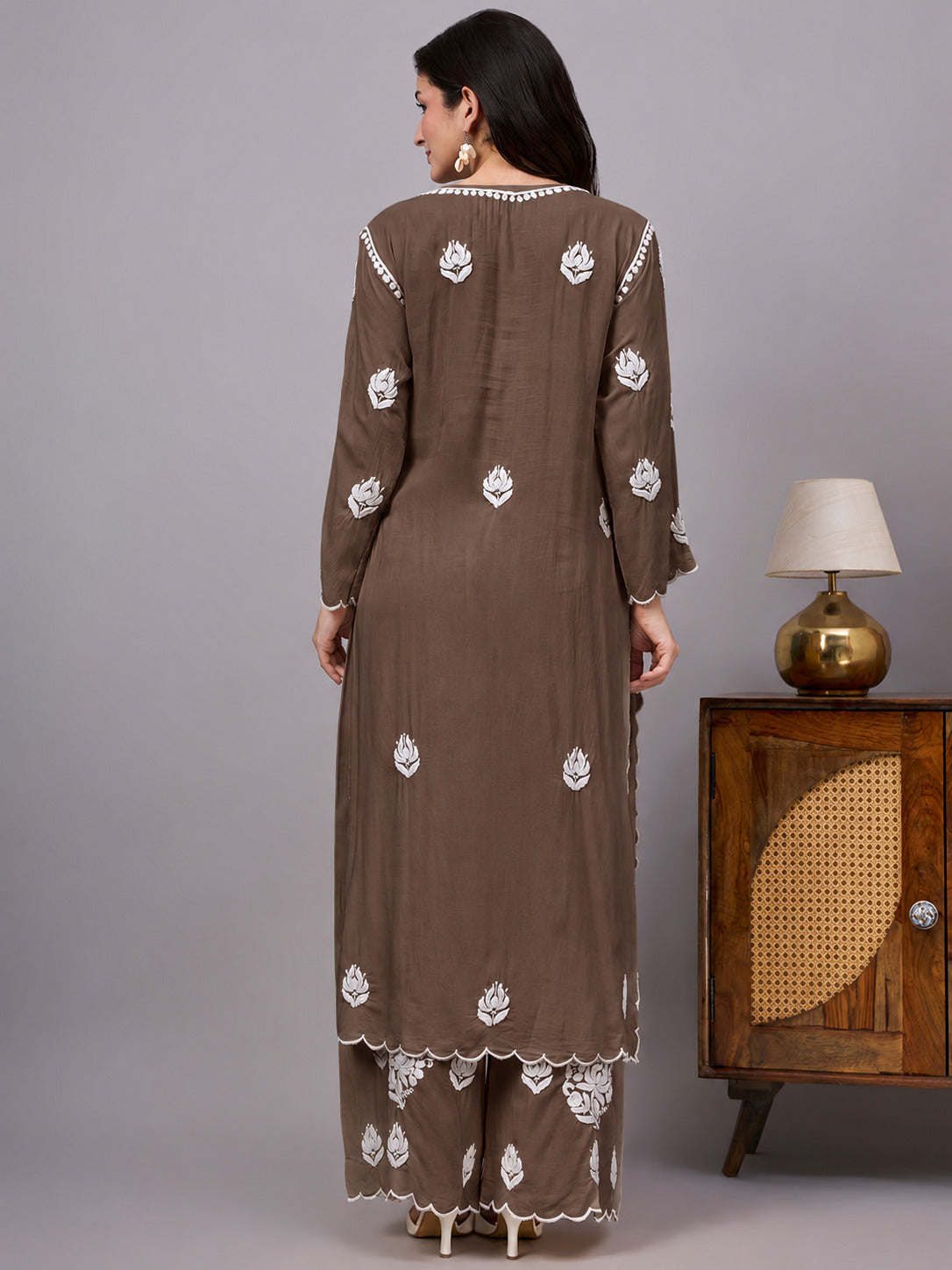 Najat Modal Chikankari Kurti Palazzo Set - Brown