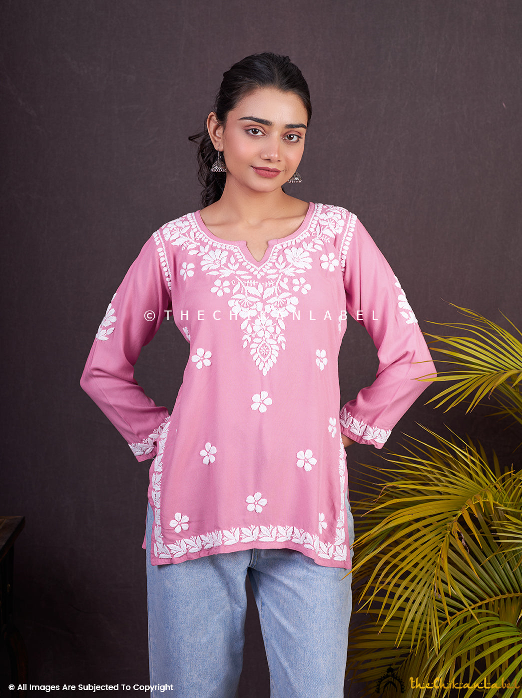 Baby Pink Sangeet Modal Chikankari Short Kurta In Modal Fabric For Woman