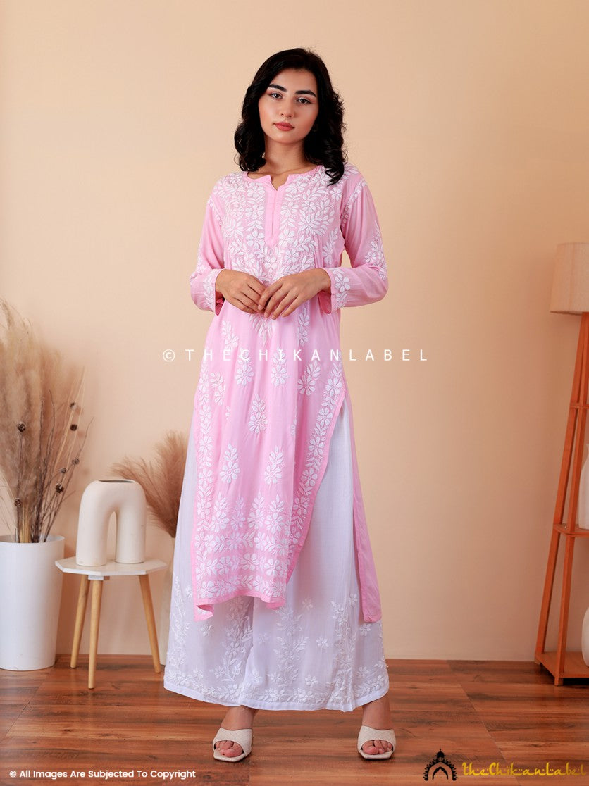 Baby Pink Raisa Modal Chikankari Straight Kurti ,Chikankari Straight Kurti In Modal Fabric For woman