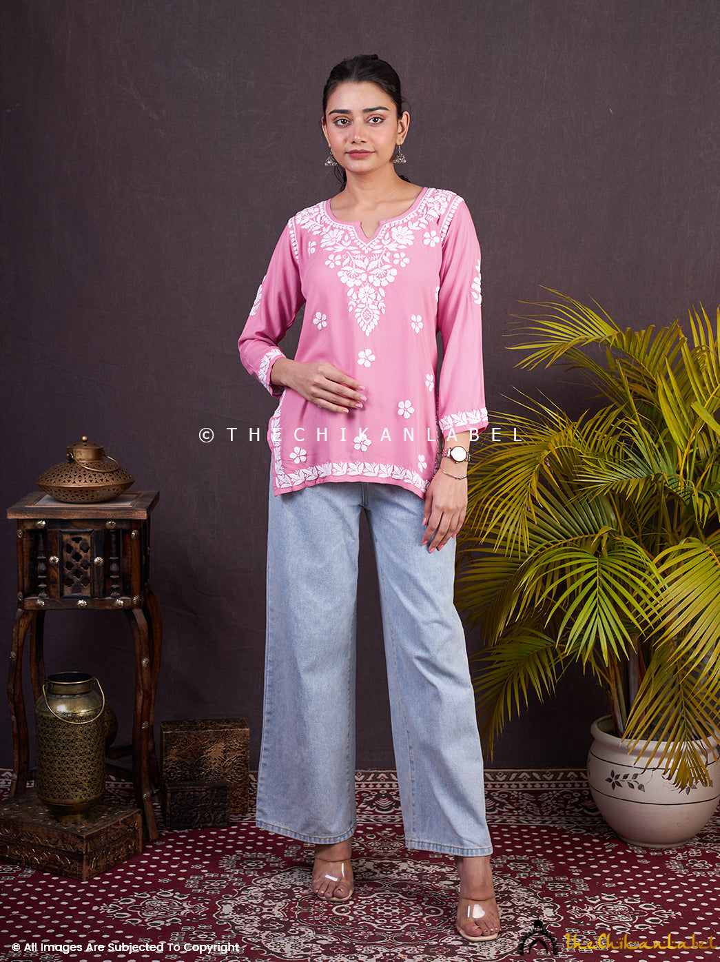 Baby Pink Sangeet Modal Chikankari Short Kurta In Modal Fabric For Woman