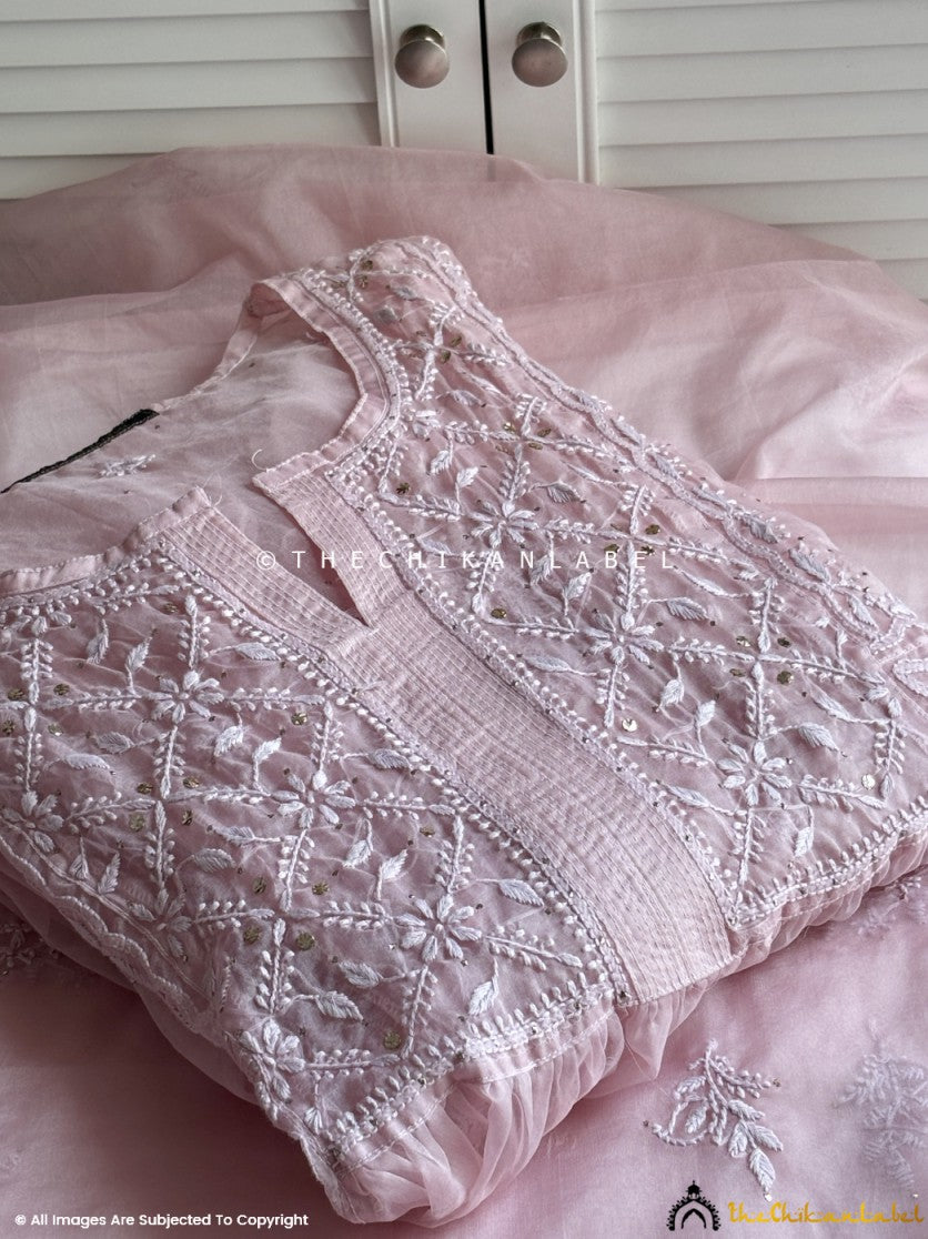 Baby Pink Ahilya Organza Chikankari A-Line Kurta with Dupatta