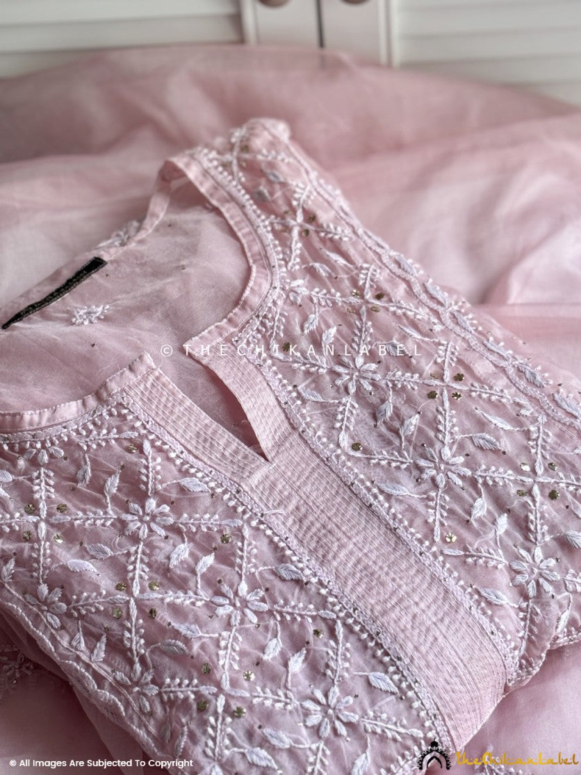 Baby Pink Ahilya Organza Chikankari A-Line Kurta with Dupatta