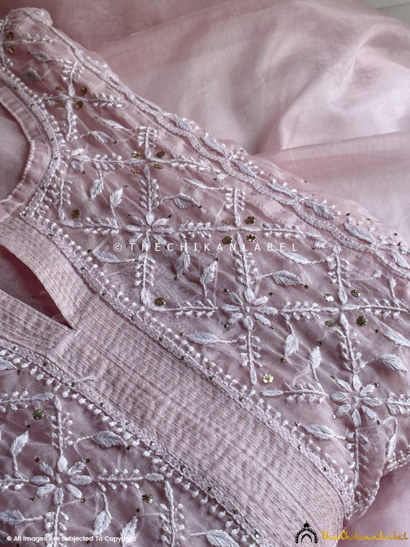 Baby Pink Ahilya Organza Chikankari A-Line Kurta with Dupatta