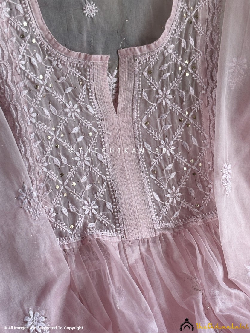 Baby Pink Ahilya Organza Chikankari A-Line Kurta with Dupatta