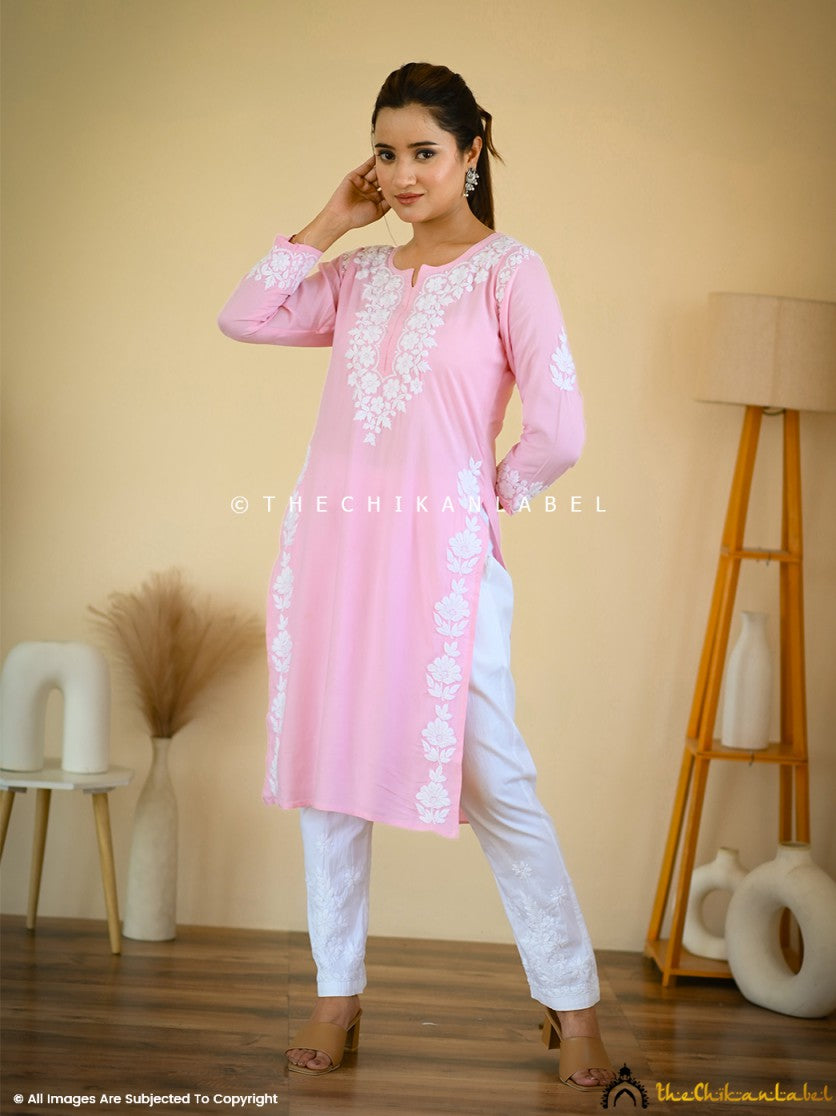 Baby Pink Aisha Rayon Chikankari Straight Kurti ,Chikankari Straight Kurti In Rayon Fabric  For Woman