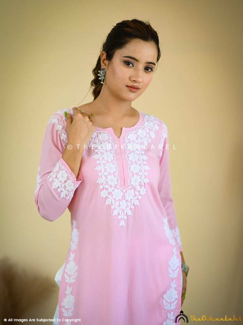 Baby Pink Aisha Rayon Chikankari Straight Kurti ,Chikankari Straight Kurti In Rayon Fabric  For Woman