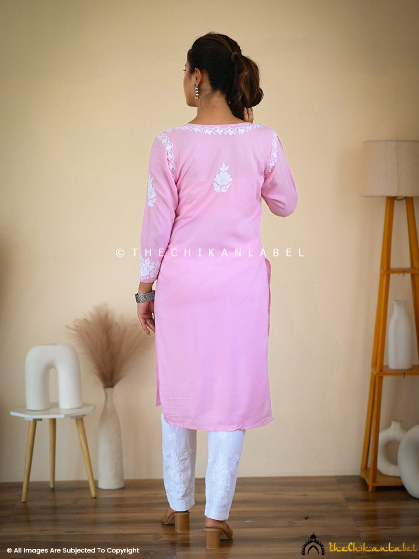 Baby Pink Aisha Rayon Chikankari Straight Kurti ,Chikankari Straight Kurti In Rayon Fabric For Woman