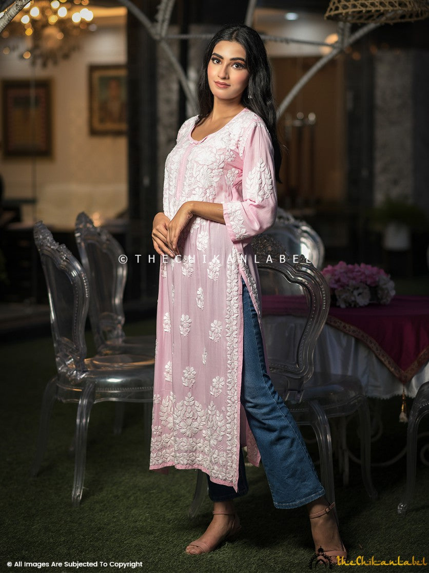 Baby Pink Kaina Modal Chikankari Straight Kurti,Chikankari Straight Kurti In Modal Fabric  For woman