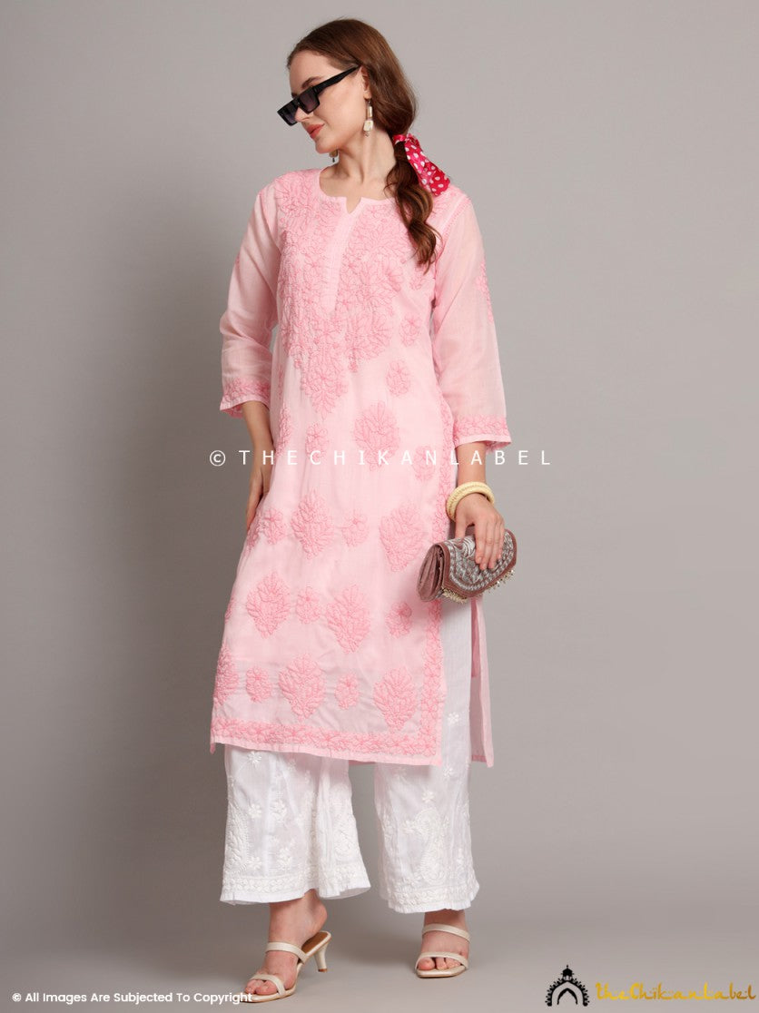 Baby Pink Naina Cotton Chikankari Straight Kurti with inner